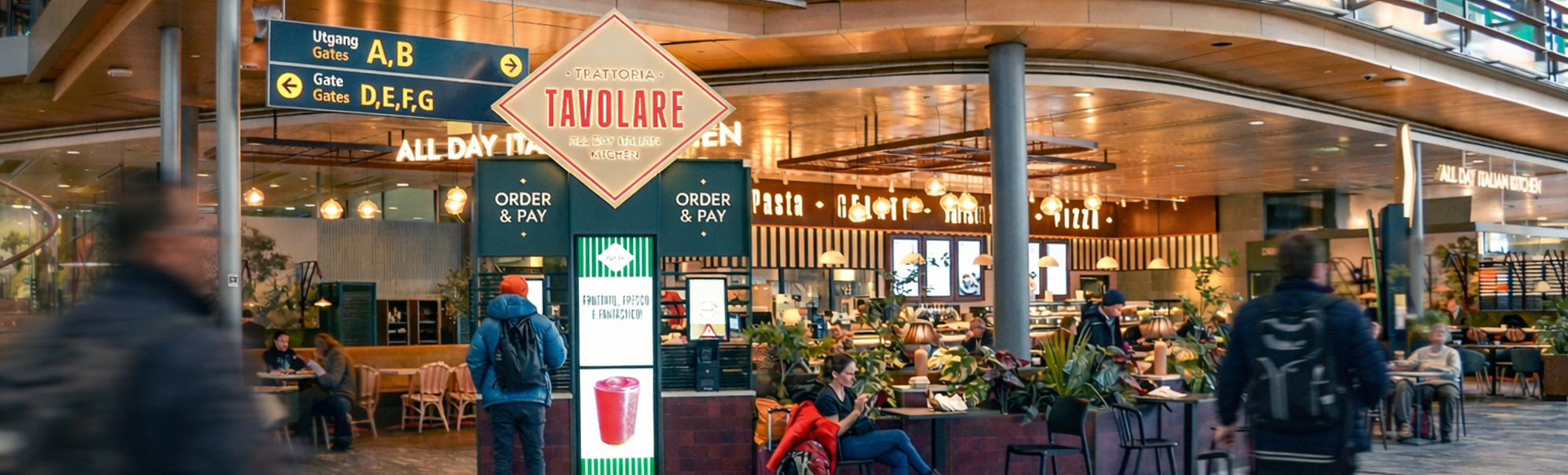 Baransatte som jobber bak en moderne bardisk, smilende og organiserer drikkevarer, med et stilfullt interiør med hengende lamper og ordkunst på veggene