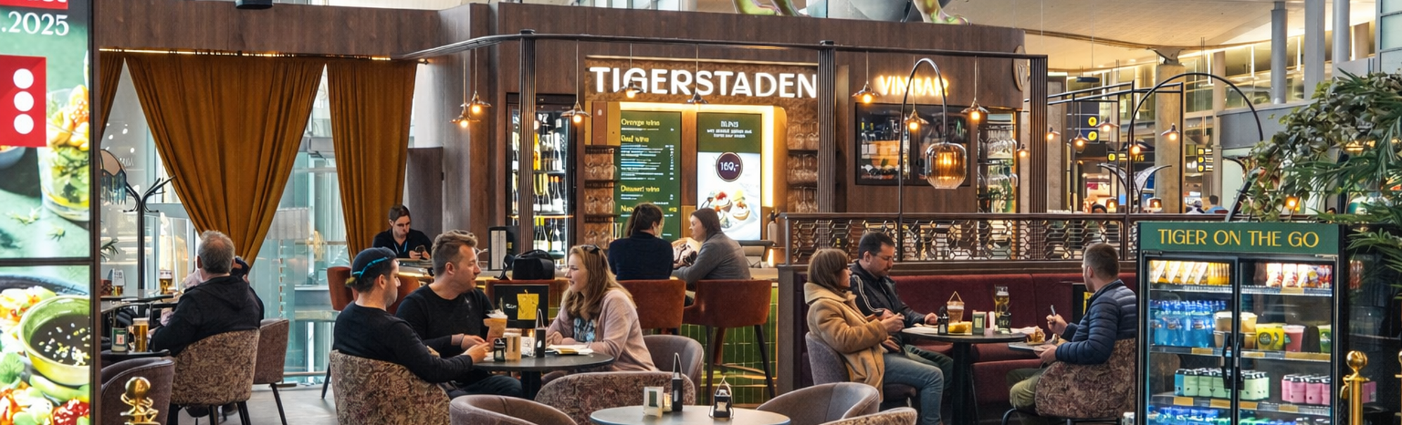Moderne flyplassbar og loungeområde med sitteplasser, med en stor dekorativ tigerskulptur over "Tigerstaden Vinbar" skilt, med gjester og personale synlige, og et retningsskilt for porter E, F, G i bakgrunnen