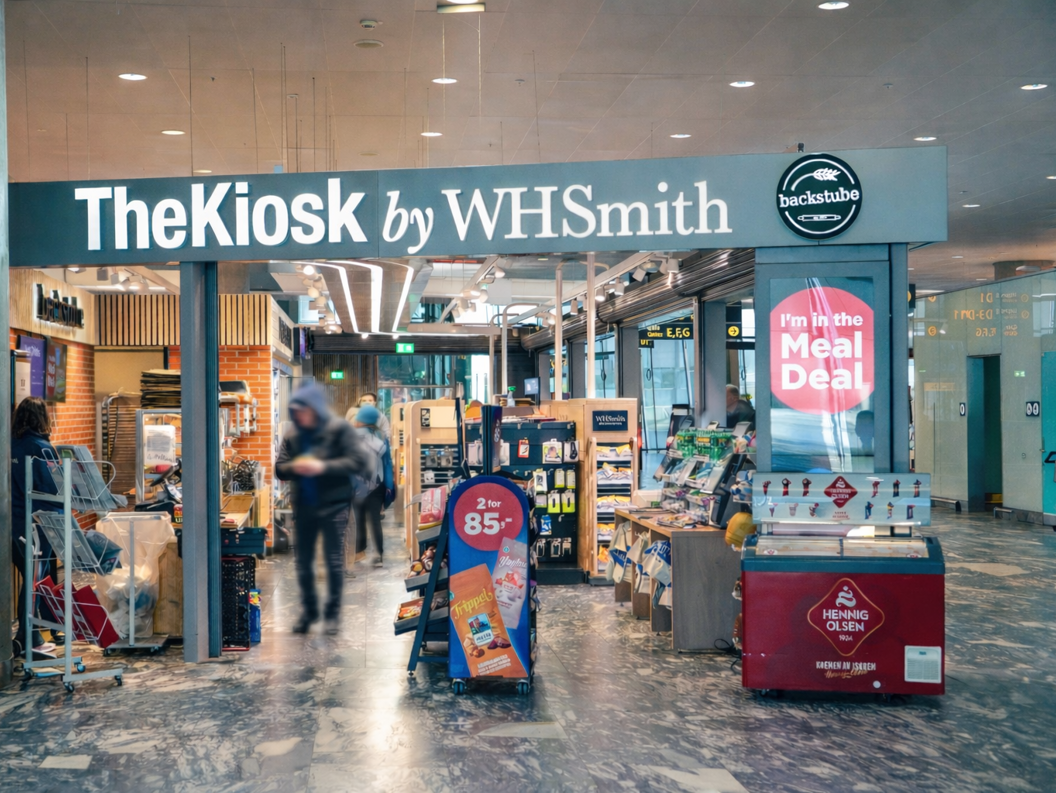 Moderne WHSmith-kiosk på en flyplass som tilbyr bekvemmelighetsartikler, snacks og drikkevarer under levende belysning
