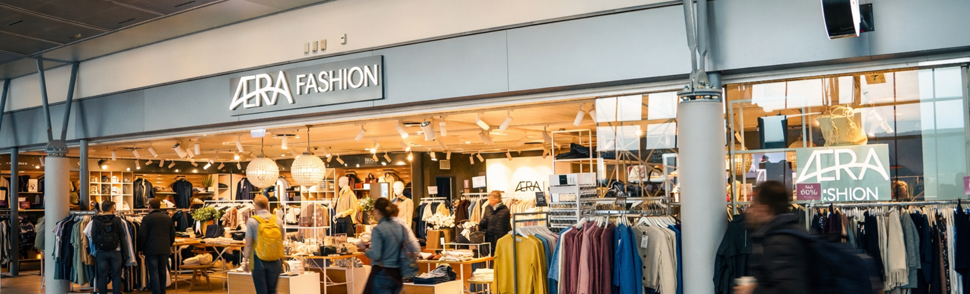 Motebutikkens inngang med personer inne i butikken og som går forbi.