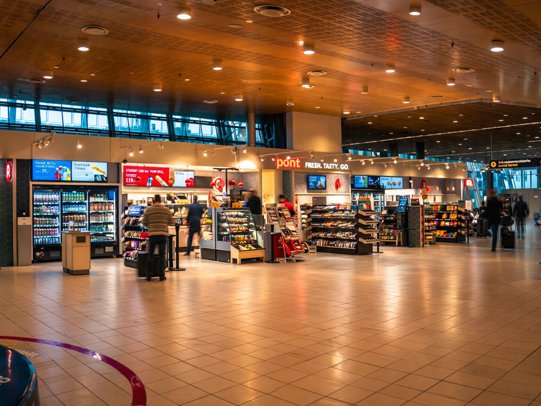 Godteriutstillingsstativ med ulike fargerike pakkede snacks i en butikkgang, med uskarpe magasinomslag synlige i bakgrunnen