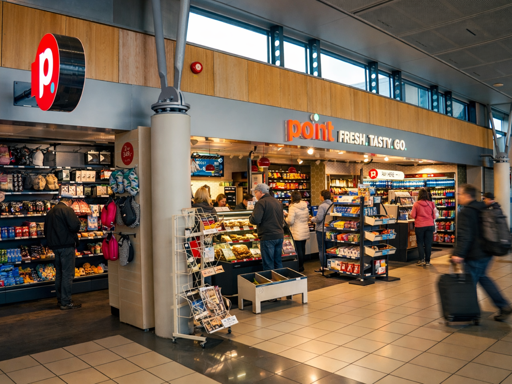 Snacksutstilling i en dagligvarebutikk med ulike innpakkede godteri og sjokolade, med reklameskilt og en drikkekjøler i den uskarpe bakgrunnen