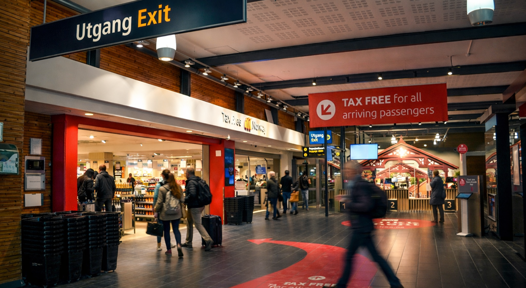 Kvinne i gul genser tester parfyme i en butikk, holder en duftstripe og snakker med en ansatt