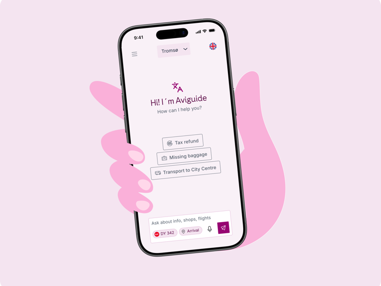 En hånd holder en smarttelefon med en reiseassistent-app på skjermen. Appen tilbyr hjelp med skatterefusjon, mistet bagasje og transport til sentrum