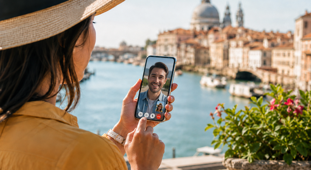 Kvinne som bruker en smarttelefon med eSIM-tjeneste mens hun er på sightseeing i Venezia, Italia, med utsikt over Canal Grande og den historiske bysilhuetten