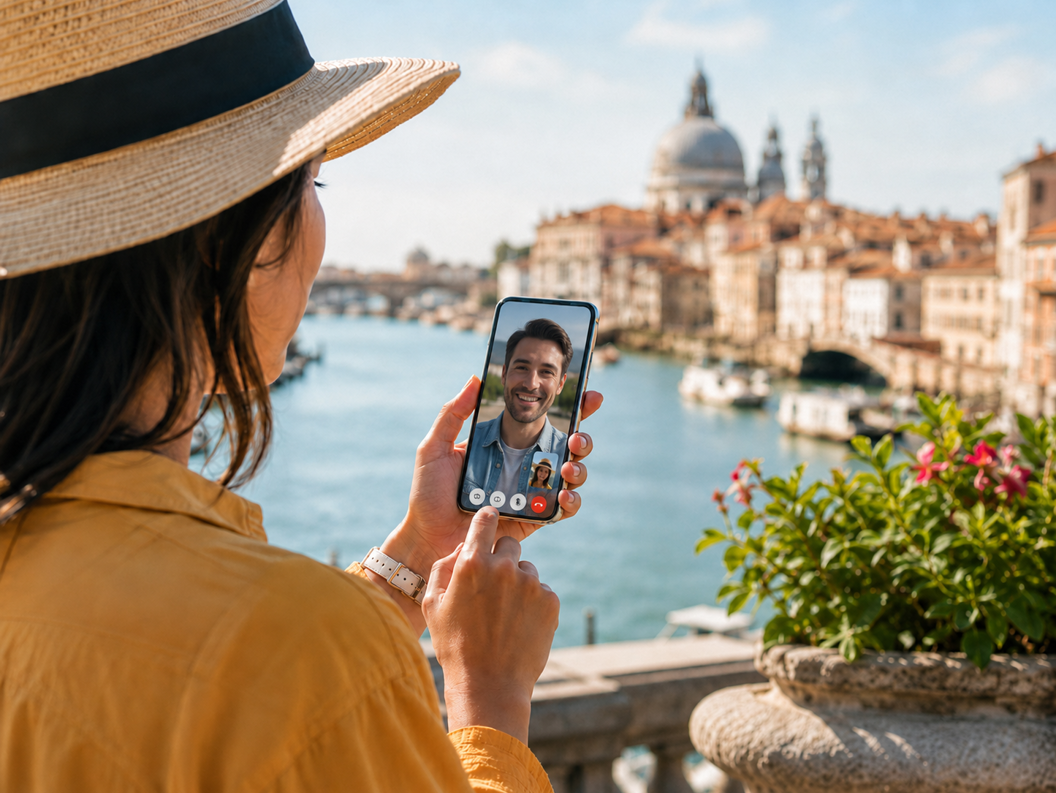Kvinne som bruker en smarttelefon med eSIM-tjeneste mens hun er på sightseeing i Venezia, Italia, med utsikt over Canal Grande og den historiske bysilhuetten