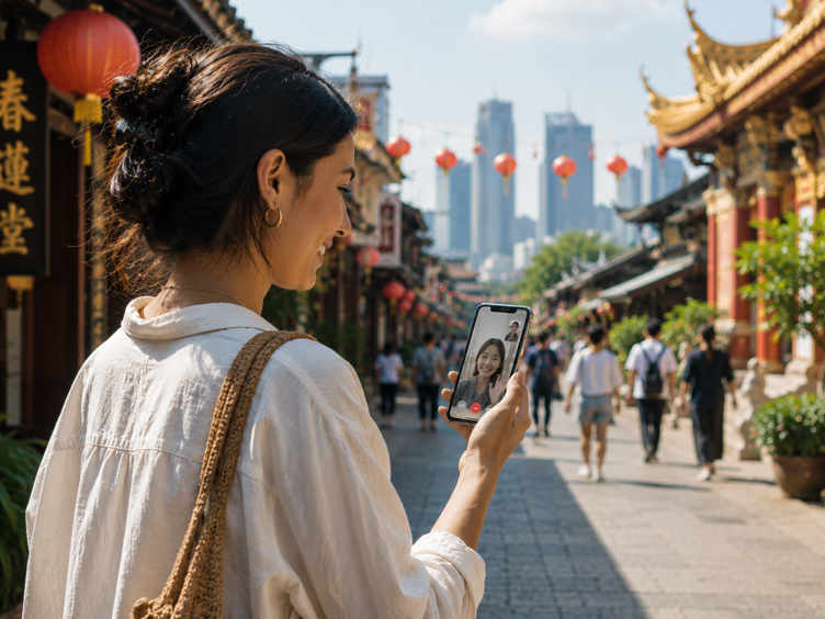 Kvinne som videochatter på en smarttelefon mens hun går gjennom et gatemarked i Chinatown med røde lykter og tradisjonell arkitektur